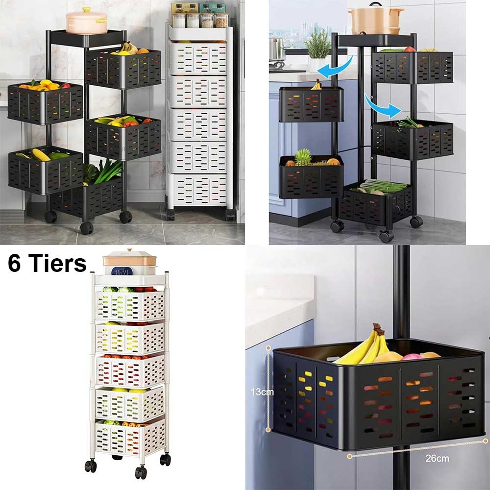 6 Tier Kitchen Floor Standing Multi-Layer Storage Basket Rack,Cart with Wheels For Vegetables,Fruits,Grocery,Space-Saving Multi-Layer Storage Basket