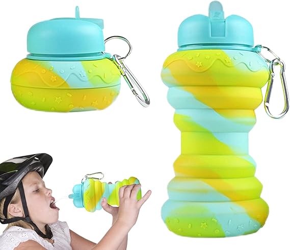 600ml Collapsible Water Bottle, Reuseable Silicone Foldable Leak Proof Portable Sports Travel Water Bottles BPA Free, Doughnut Style Cycling Cups