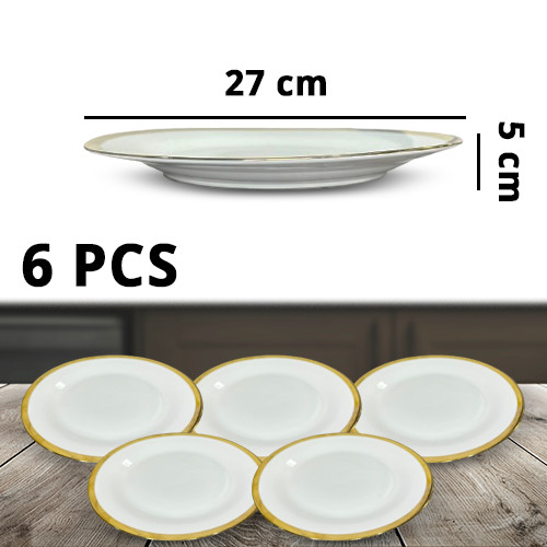 6Pcs White Ceramic Round Plate Gold Line Design 10.5Inch 27x5cm