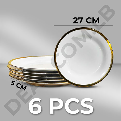 6Pcs White Ceramic Round Flat Plate Gold Line Design 10.5Inch 27x5cm