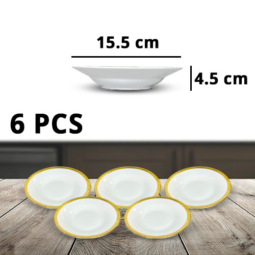 6Pcs White Ceramic Round Plate Gold Line Design 6Inch 15.5x4.5cm