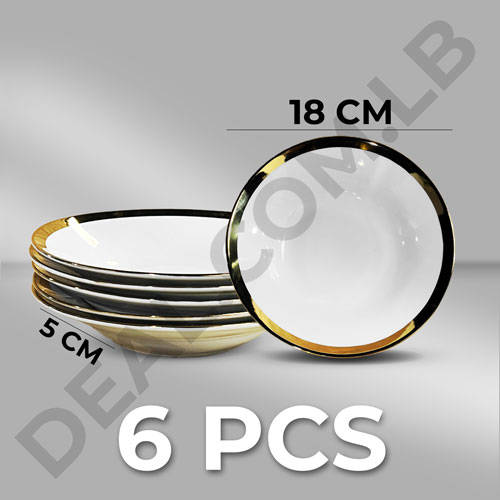 6Pcs White Ceramic Round Plate Gold Line Design 7Inch 18x5cm