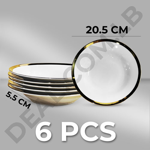 6Pcs White Ceramic Round Plate Gold Line Design 8Inch 20.5x5.5cm