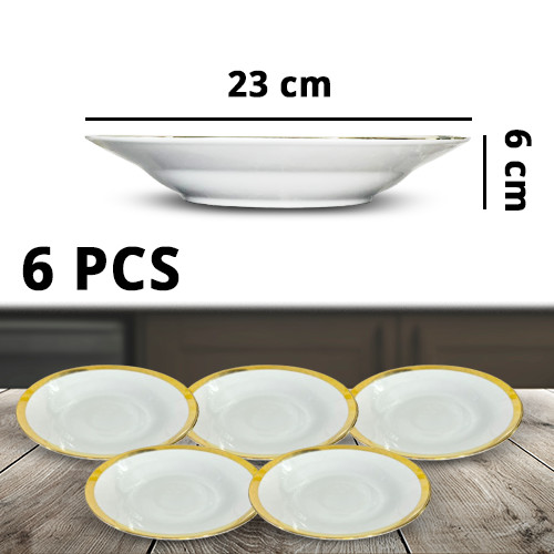 6Pcs+White+Ceramic+Round+Plate+Gold+Line+Design+9Inch+23x6cm