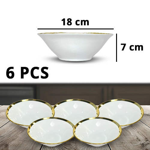 6Pcs White Ceramic Salad and Soup Bowl Gold Line Design 7Inch 18x7cm