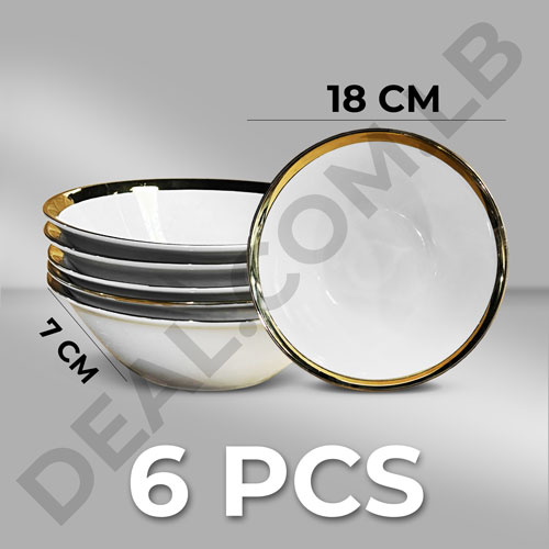 6Pcs White Ceramic Salad and Soup Bowl Gold Line Design 7Inch 18x7cm