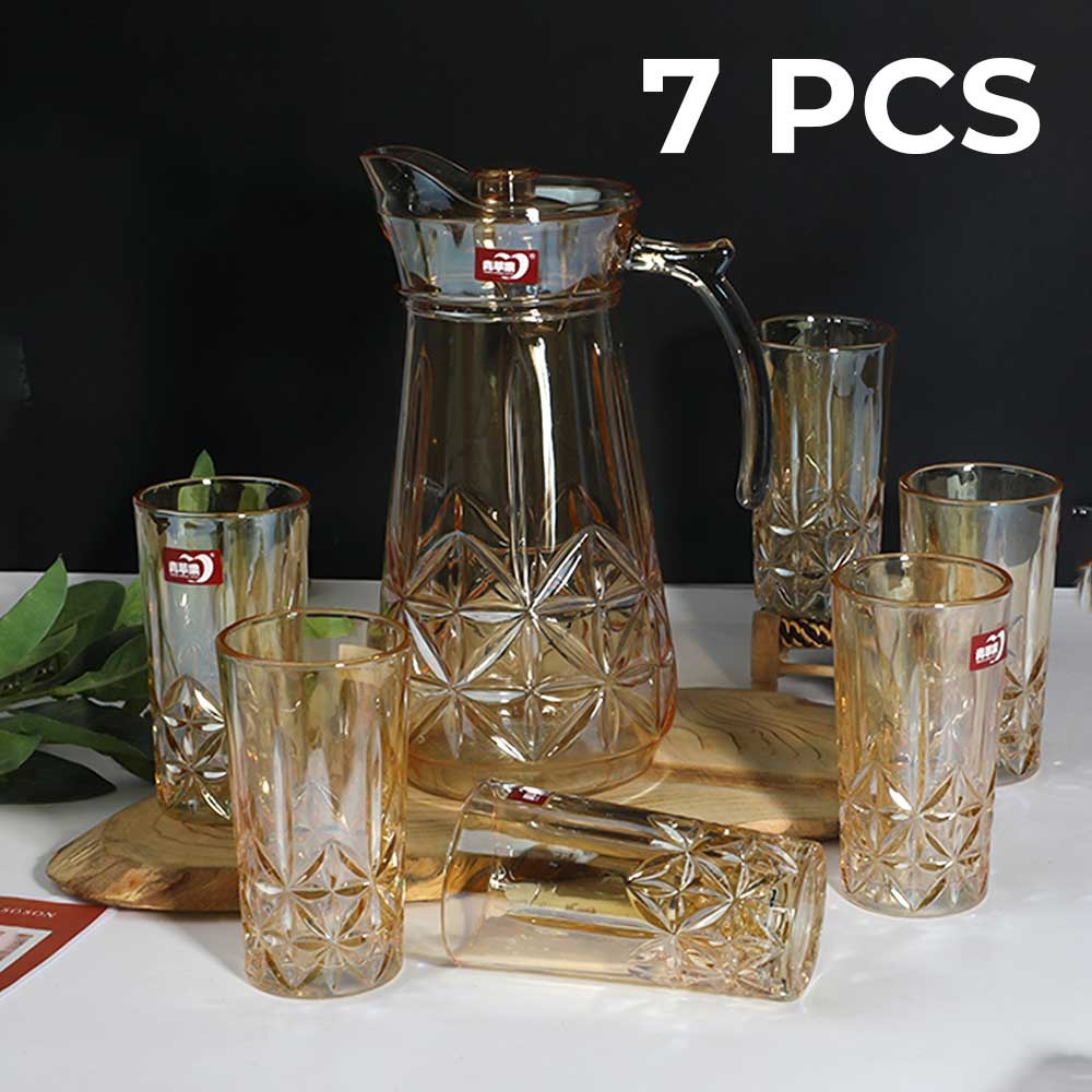 7-Pieces Amber Glass Jug and Glasses,6 Glasses and Jug,Drinking Jug 1.7L