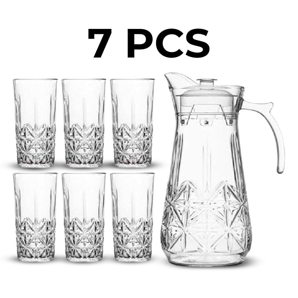 7-Pieces Clear Glass Jug and Glasses,6 Glasses and Jug,Drinking Jug 1.7L,Modern Set