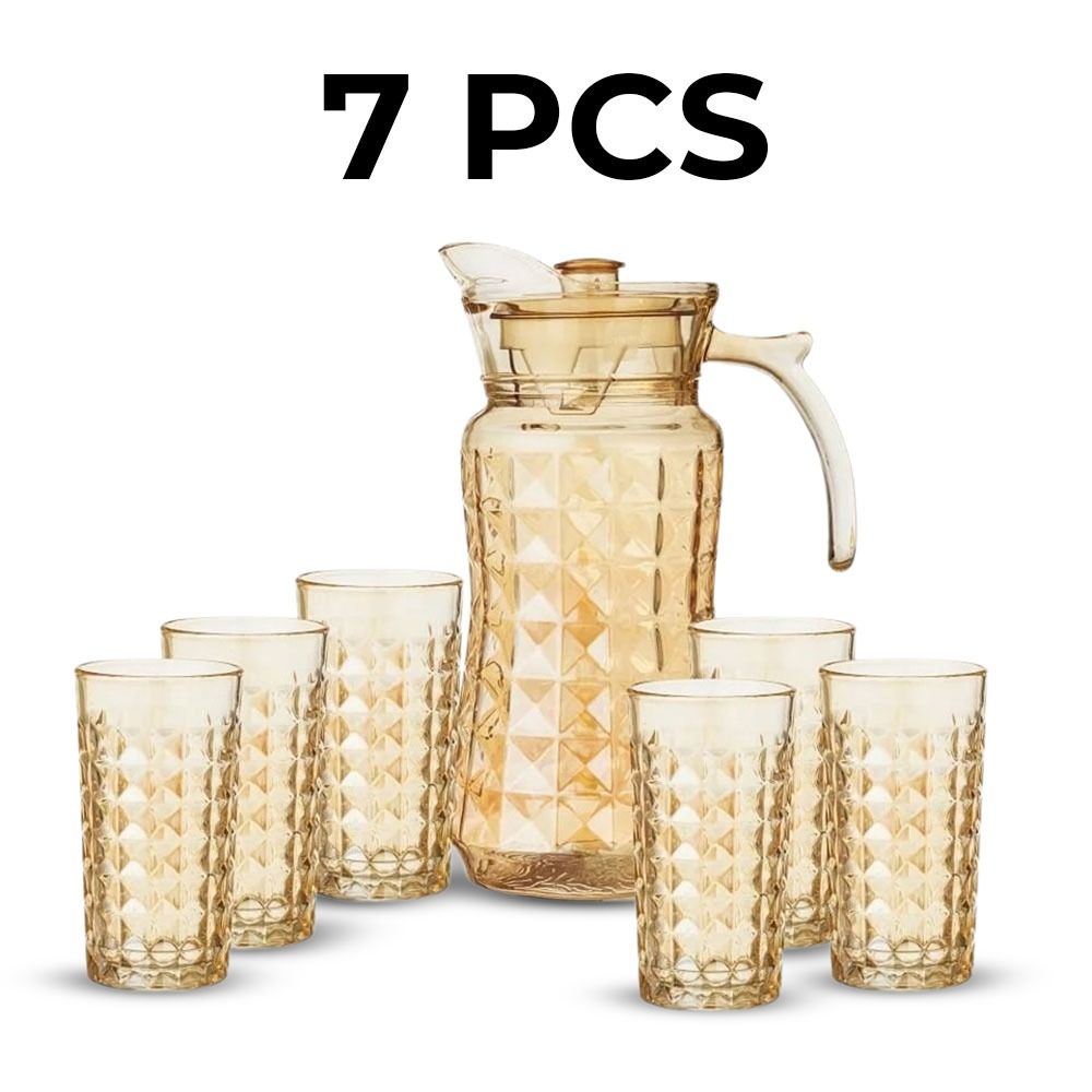 7-Pieces Diamond-Cut Glass Juice Set – Golden Transparent Jug & 6 Glasses