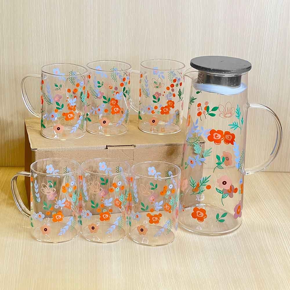 7-Pieces Floral Glassware Set – Jug with 6 Matching Glasses, Colorful & Stylish