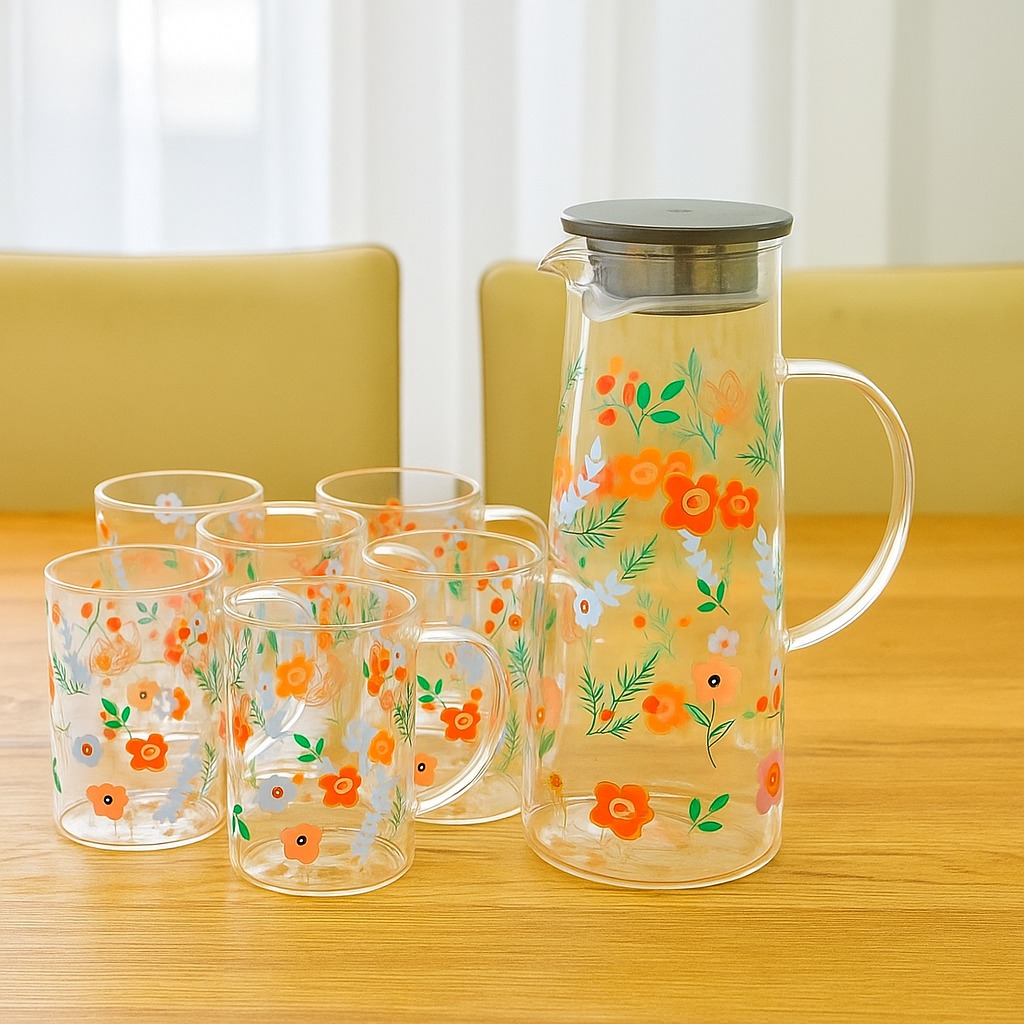 7-Pieces Floral Glassware Set – Jug with 6 Matching Glasses, Colorful & Stylish
