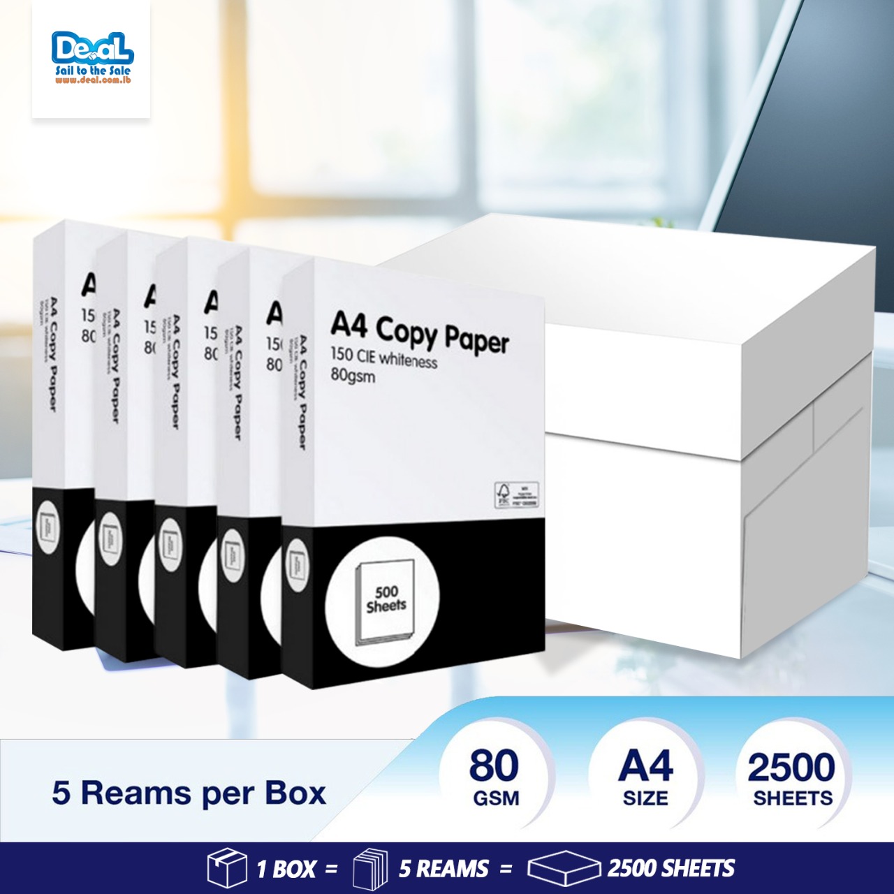 A4 80gsm White Copier Printer Office Copy Paper 2500 Sheets 5 Reams Box