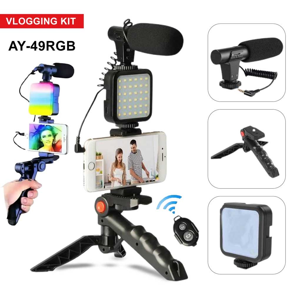 AY-49 RGB Video Making Vlogger Kits - With Microphone, LED Fill Light Mini, Tripod For Phone Vlog, Camera, Video Recording Condenser