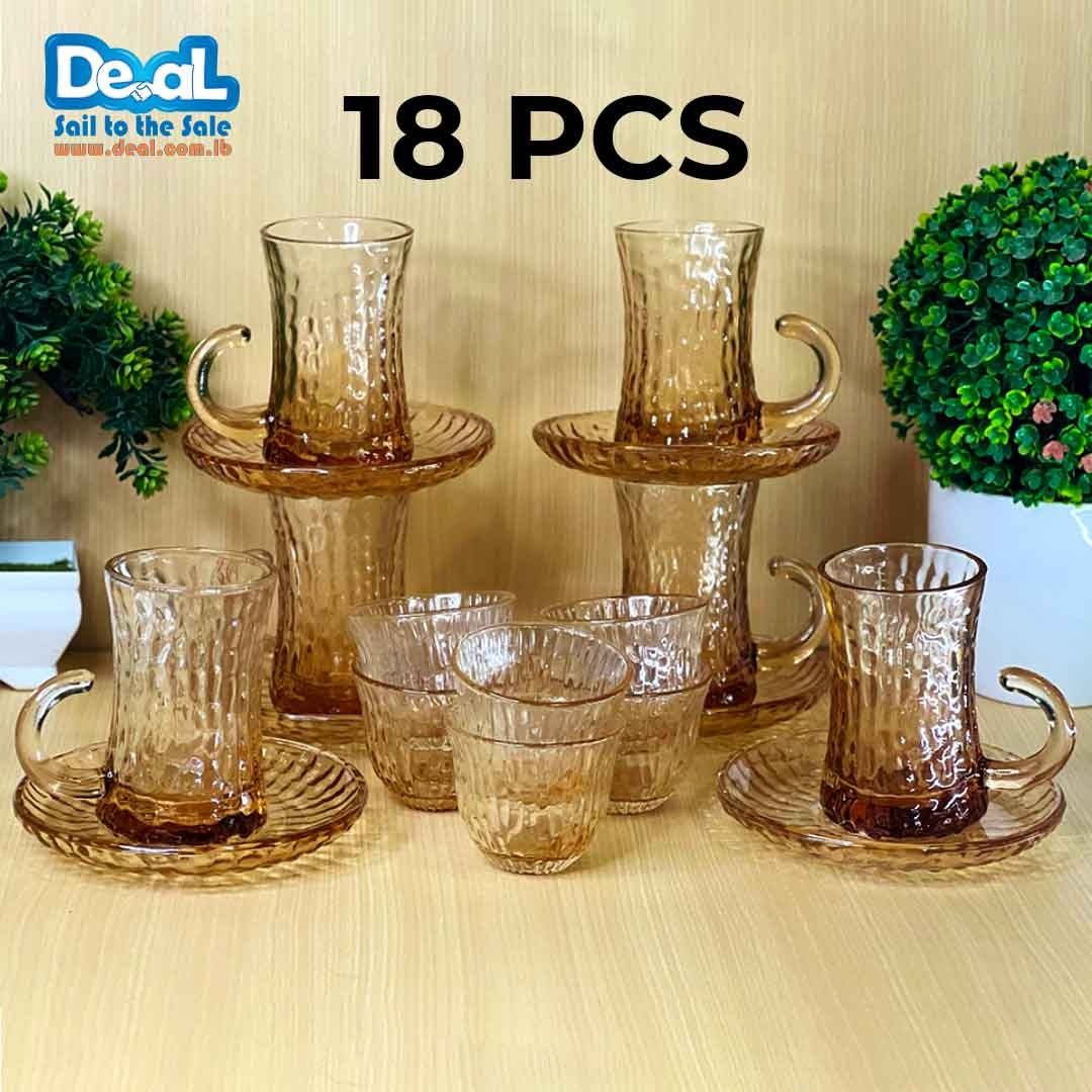 Amber Glass Set of 6 Pcs Tea Cup with Handle and 6 Saucer with 6 Pcs Arabic Coffee Cups