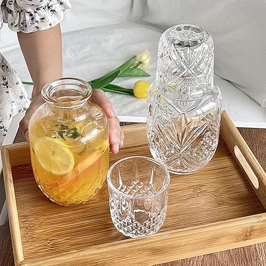 Bedside Water Carafe and Cup Set, 20oz Glass Pitcher and 5.4 Oz Cup, Glass Water Jug Juice Pitcher with Tumbler for Bedroom Nightstand