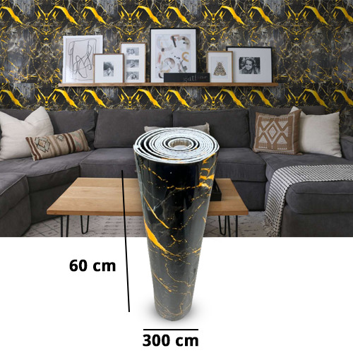 Black & Orange Marble Design Adhesive Tape Wall Foam Roll (3M X 60cm)