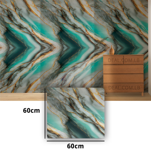 Blue Teal White Gold Marble Design Wall Sticker Foam Self Adhesive For Wall Decor (60X60cm)