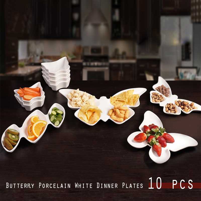 Butterfly Porcelain White Dinner Plates 10 Pcs Snack Set