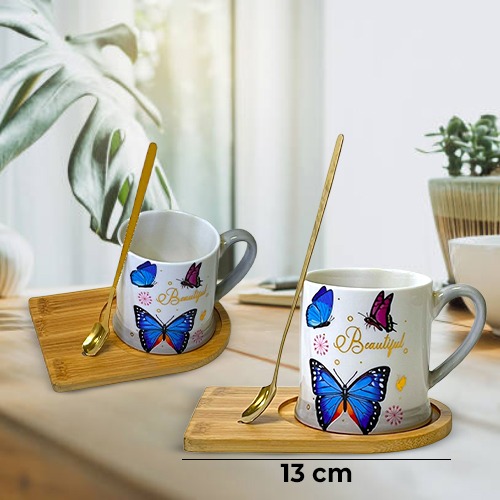Ceramic Elegant Coffee Mug Butterfly Pattern with Wooden Coaster and Spoon