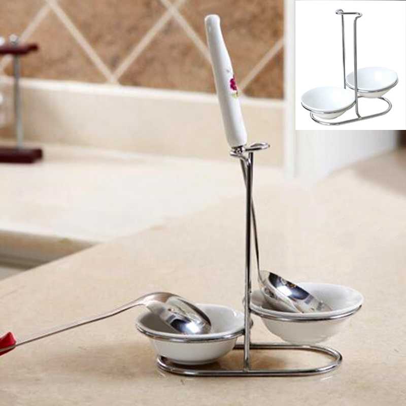 Ceramic Kitchen Ladle Spoon Rest Holder Rack Double round bowl