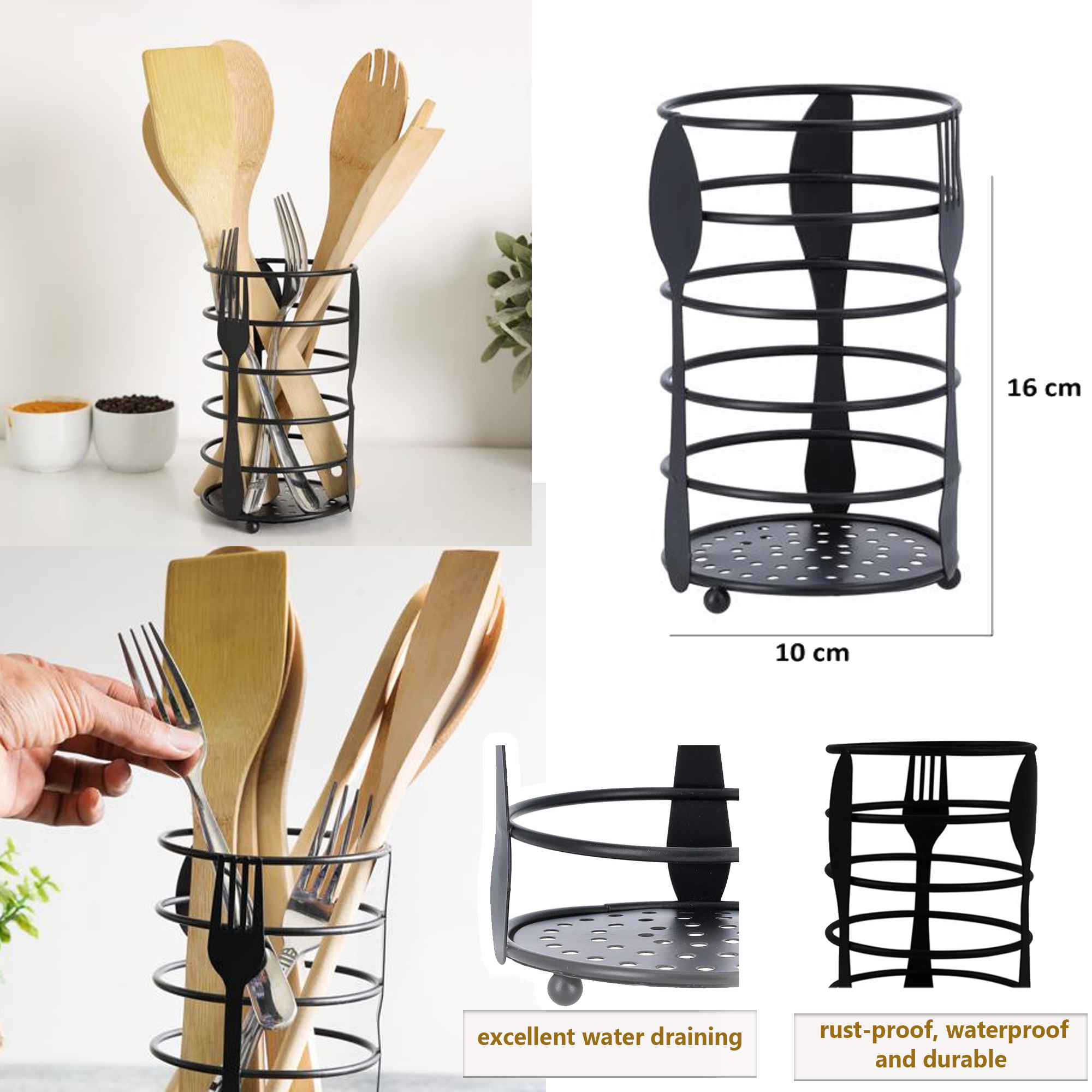 Cutlery+Holder+with+Drain+Base%2C+Premium+Quality+Powder+Coated+Iron++Storage+for+Countertop+Organizer+Cooking+Crock+for+Kitchen+Organization+and+Storage+Flatware+Caddy