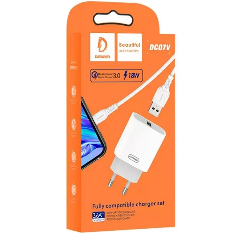 DENMEN HOME CHARGER DC07  MICRO 1USB 18W 3.6a MAX  FULLY COMPATIBLE CHARGE 18W WHITE