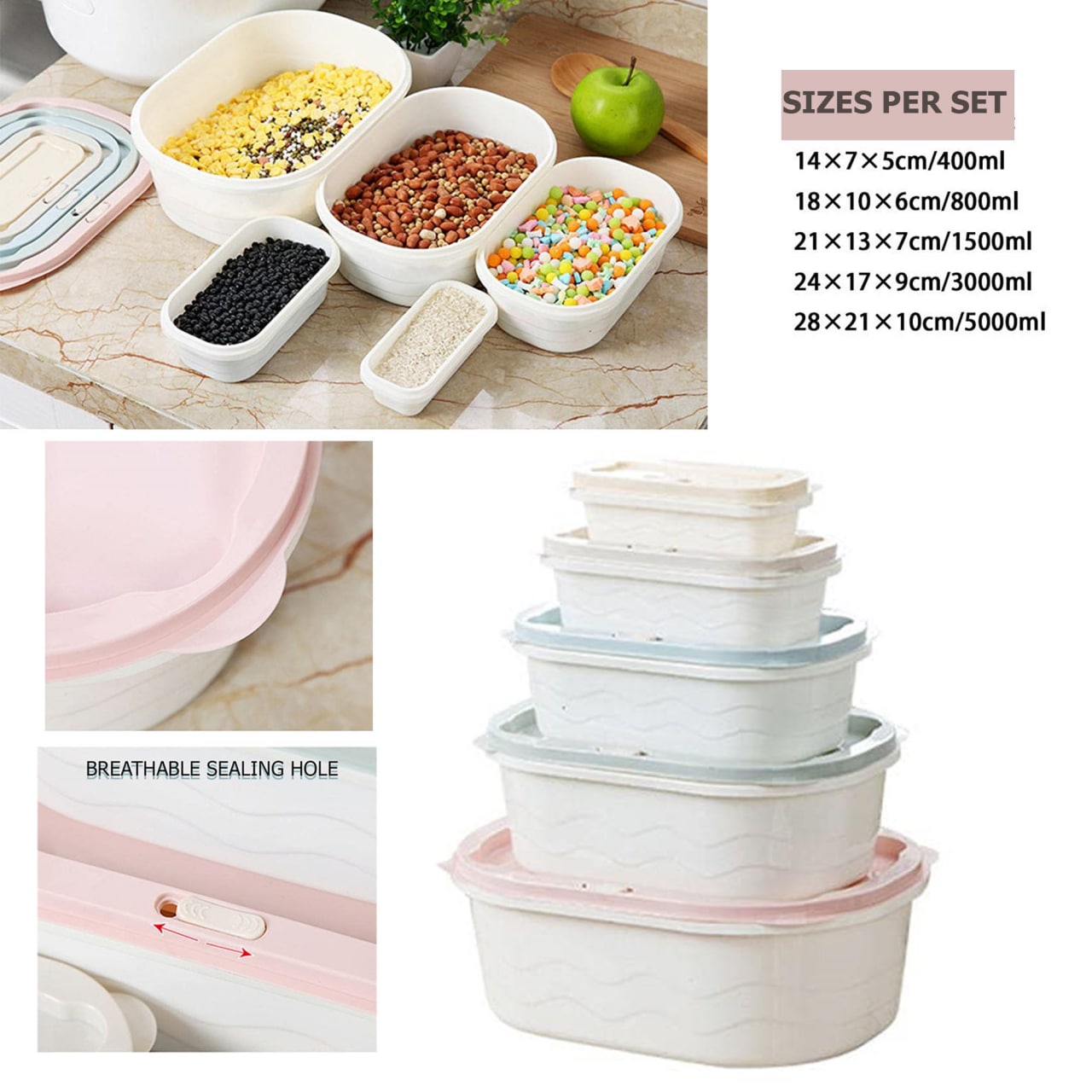 Delavala 5pcs Set Sealed Cuisine Container Food Storage Box for Vegetable Fruit Candy Biscuit Organizer Kitchen Tool Storage Boxes