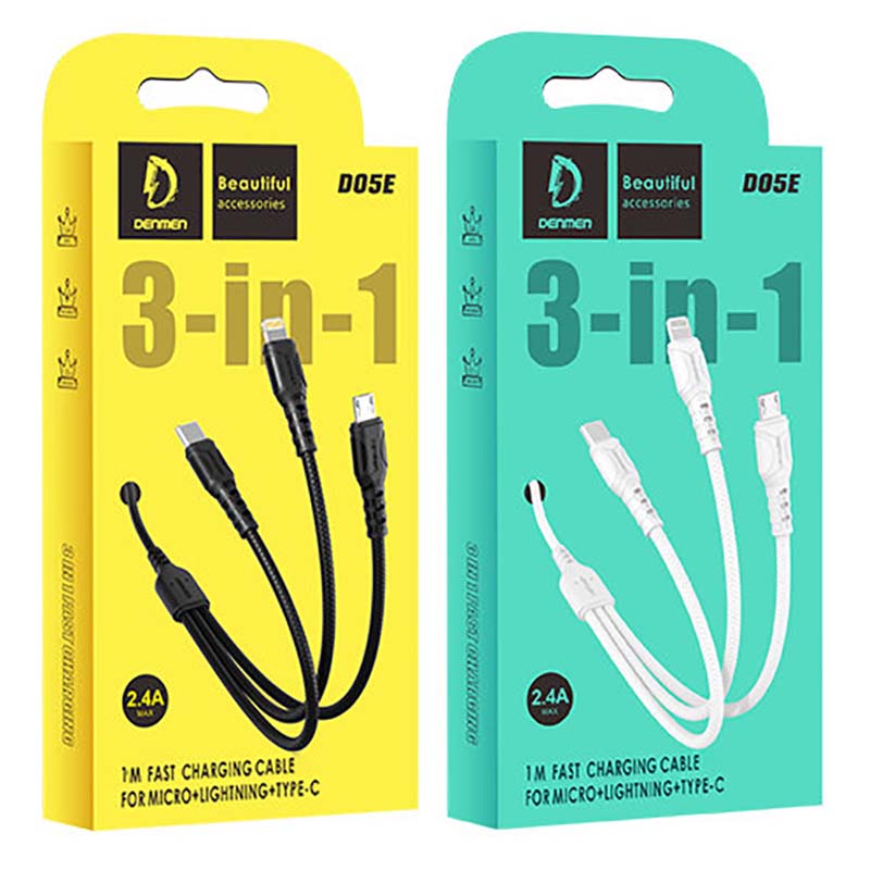 Denmen 3 in 1 Fast Charging Cable For Micro+Lightning+Type c