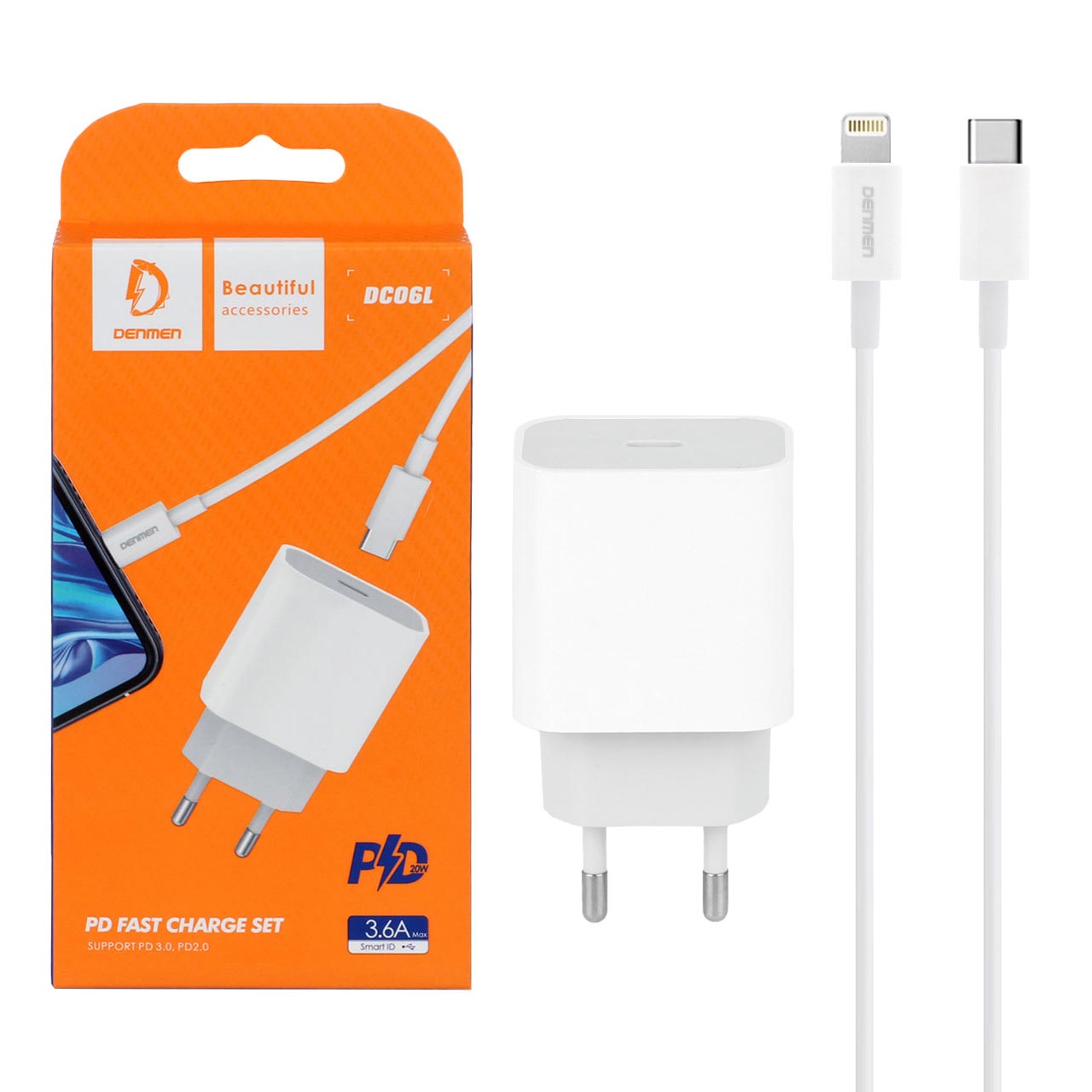 Denmen+Home+Charger+DC06L+Type-C+20W+%2B+Cable+Type-C+To+Lightning