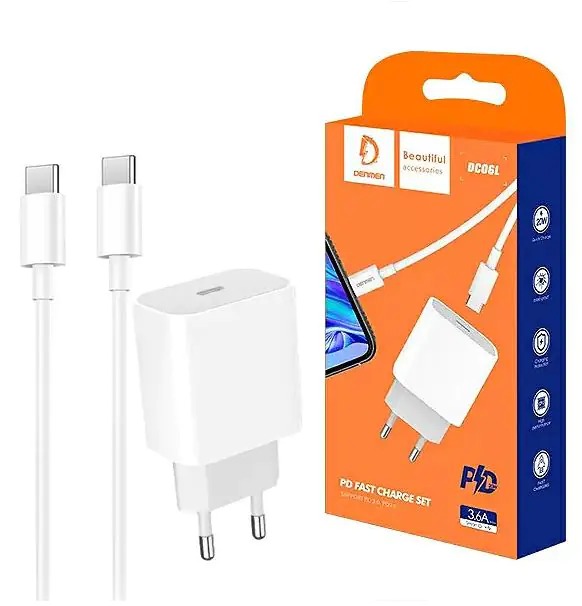 Denmen Home Charger DC06T Type-C 20W + Cable Type-C To Type-C