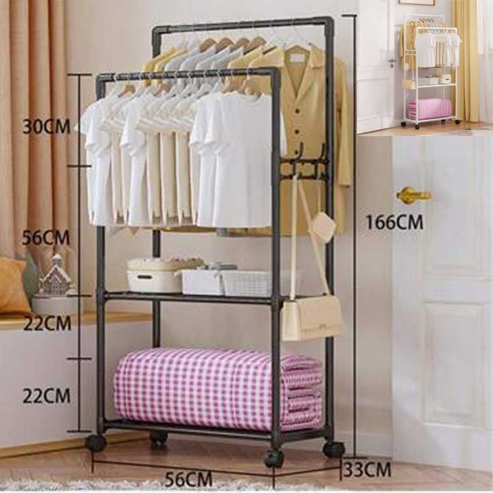 Double Rail Clothes Rack with Wheels Freestanding Garment Organizer with Hanging Rods and 2-Tier Storage Shelf 166CM Height Wardrobe Stand for Clothes, Bags & Bedding Space-Saving Home Solution