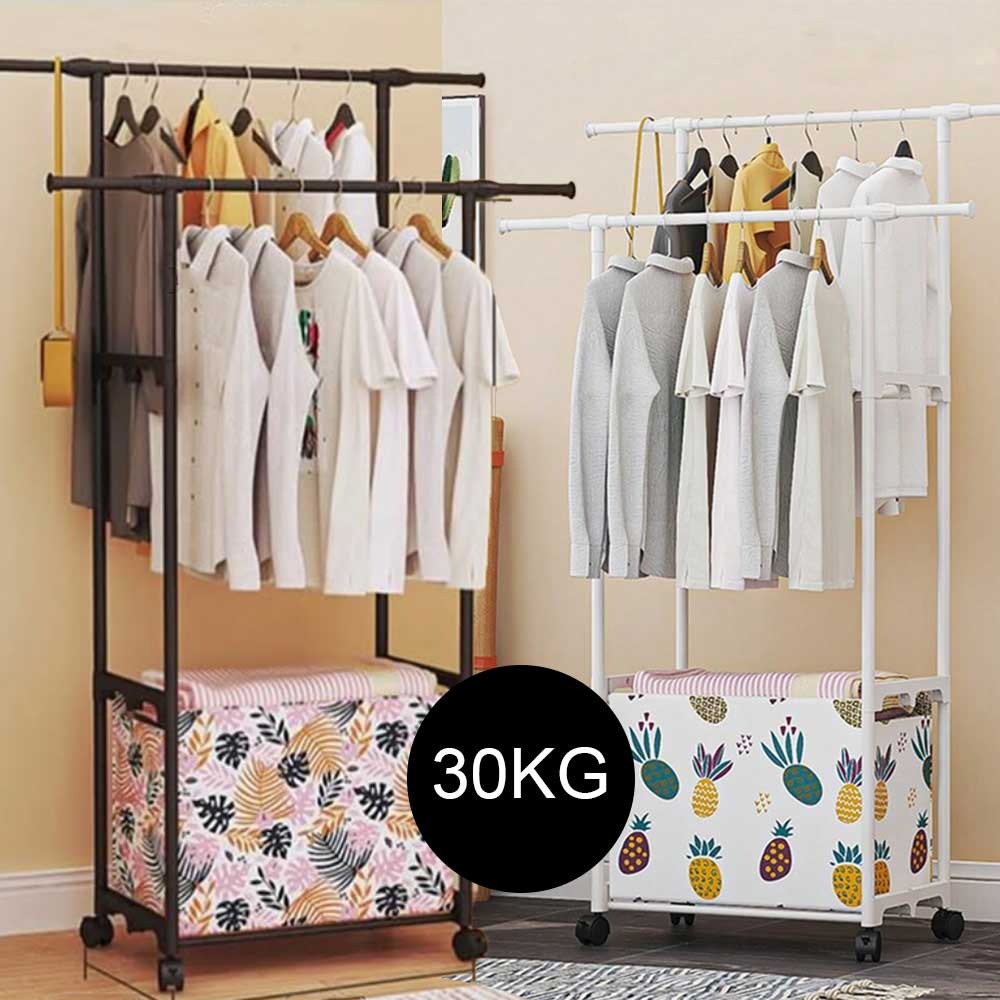 Double Rod Clothes Rack with Rolling Wheels and Bottom Storage Box – Heavy-Duty Garment Organizer Stand for Bedroom or Laundry Room – Adjustable Hanging Rails