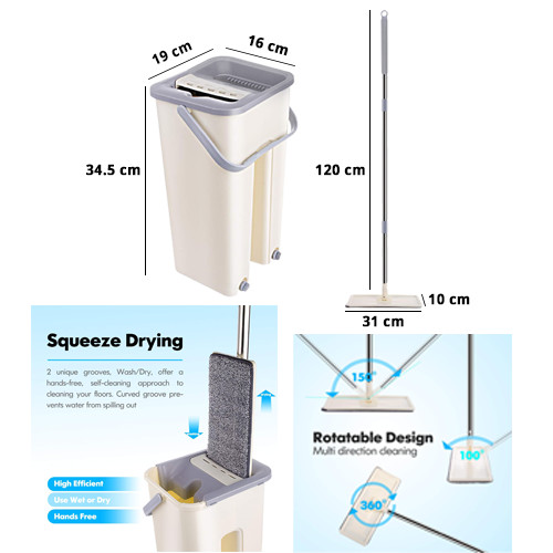 Flat Mop with Bucket for Floor Cleaning Mop 360 Flexible Multipurpose Home and Office Cleaning with 2 Microfiber Pads Stainless Steel Handel with Bucket Mop Set