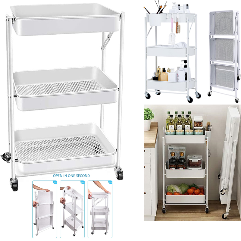 Foldable Utility Storage Cart Multifunctional Metal Storage Bin Heavy Duty Organizer Cart with Rolling Wheels Organization Cart for Home Office (White)