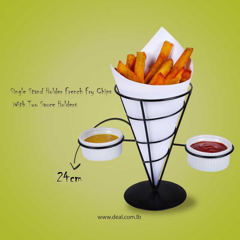 French Fry Stand Black Cone Basket Holder with Two Sauce Holders