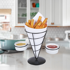 French Fries Stand Black Cone Basket Holder with Two Sauce Holders