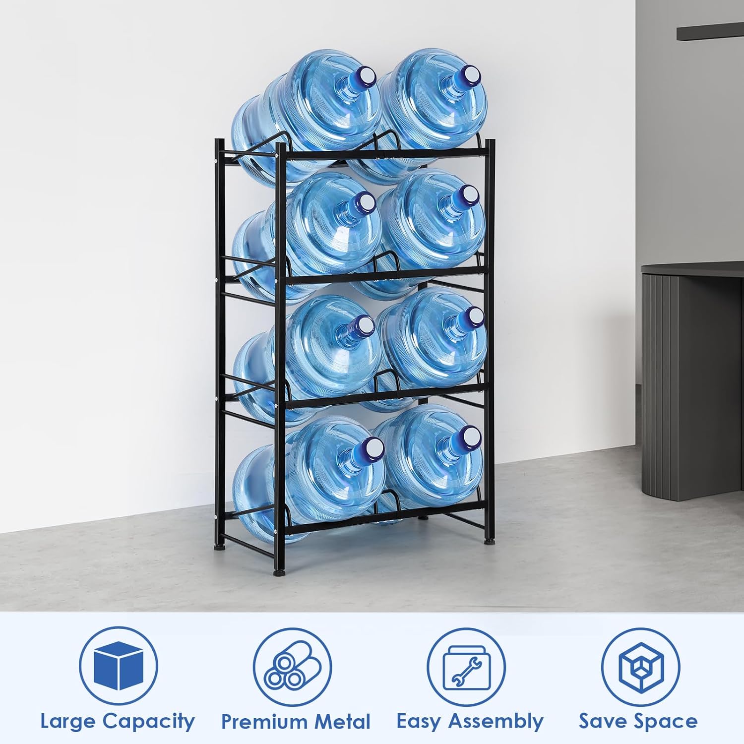 8 Gallon Water Bottle Holder Water Jug Holder 4 Tier Heavy Duty Water Jug Rack for 8 Bottles Detachable Gallon Water Jug Stand Organizer Shelf for Home Kitchen Office, Black