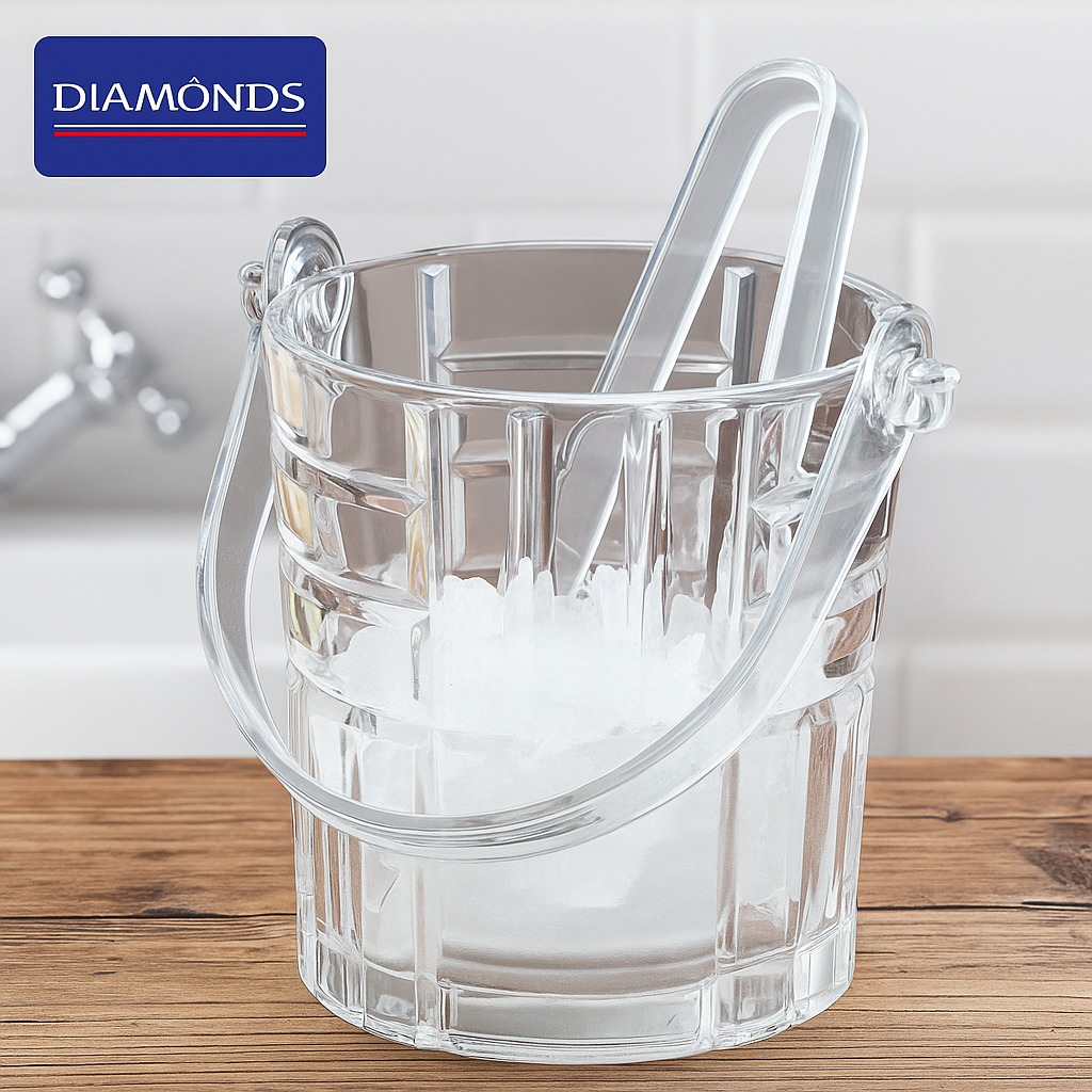 Glass Ice Bucket with Tong,Thick Glass Ice Bucket with Handle,Diamond Glass Ice Bucket