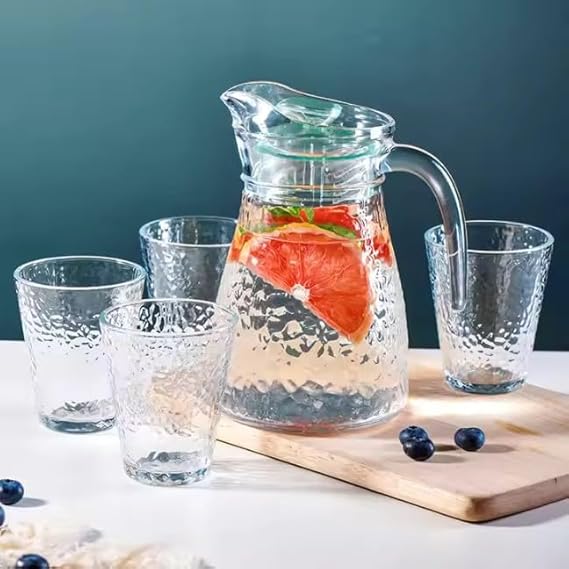 Glass Pitcher Water Lemonade Glass Pot Water Cup Cold Juice Glass Pitcher Jug Set for Kitchen 5 Pcs