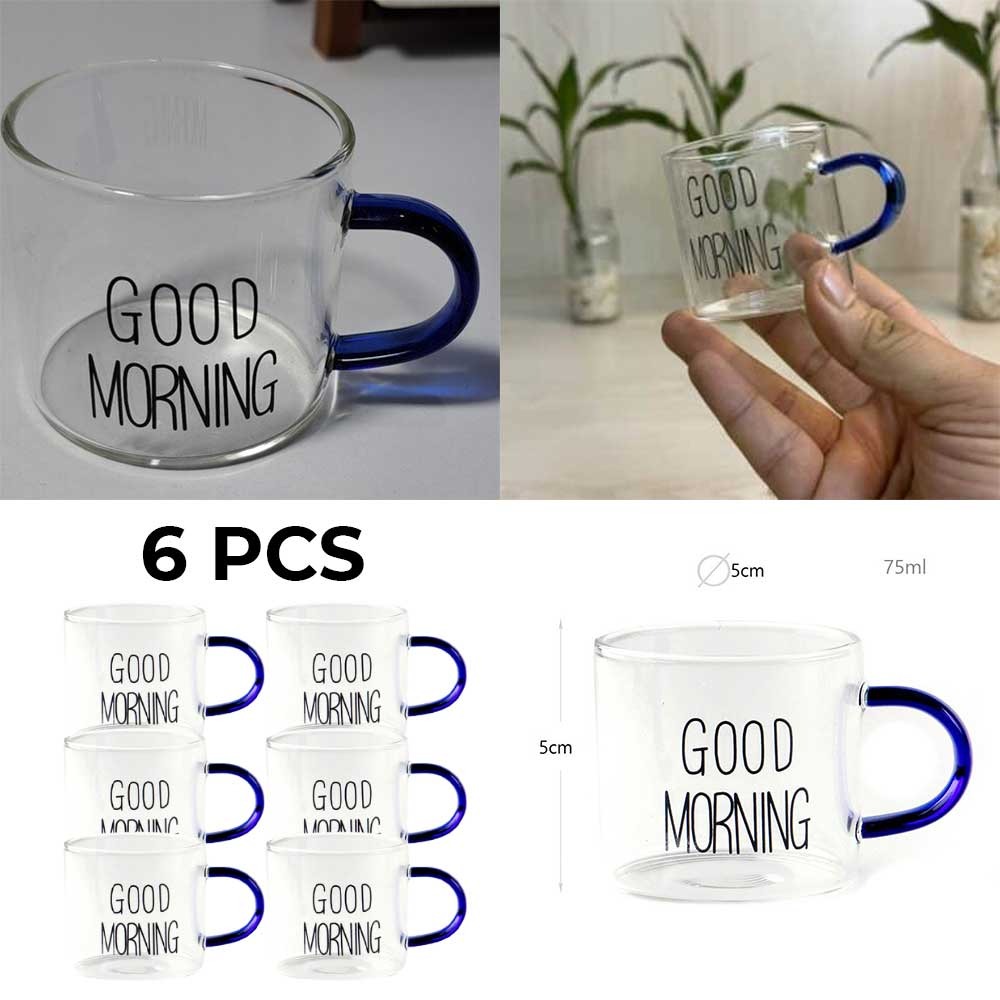 Good Morning Text Glass Coffee Small Mugs With Colored Handles 75ML 6 Pieces Set