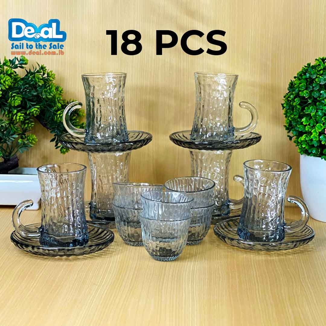 Grey Glass Set of 6 Pcs Tea Cup with Handle and 6 Saucer with 6 Pcs Arabic Coffee Cups