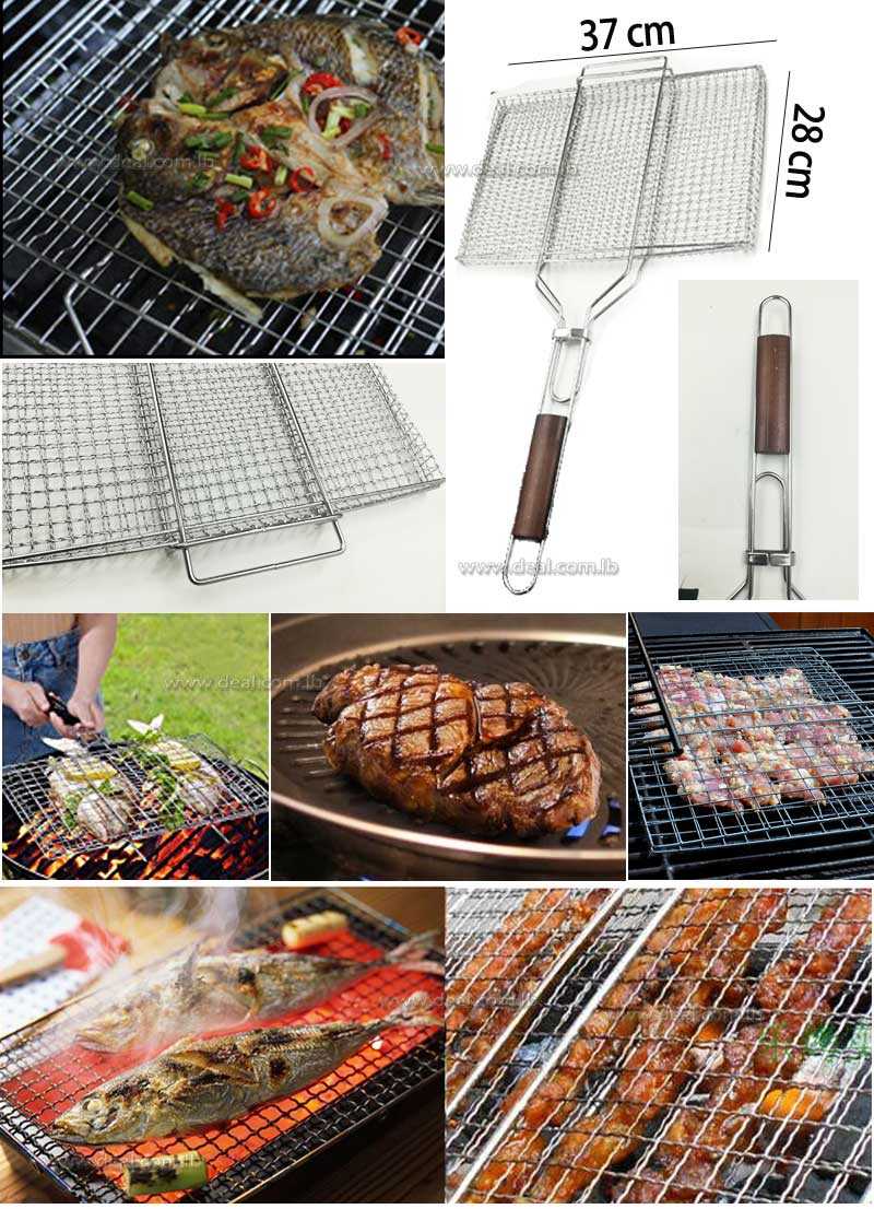 LARGE BBQ MEAT BURGER FISH LONG HANDLE HOLDER GRILL RACK RECTANGLE