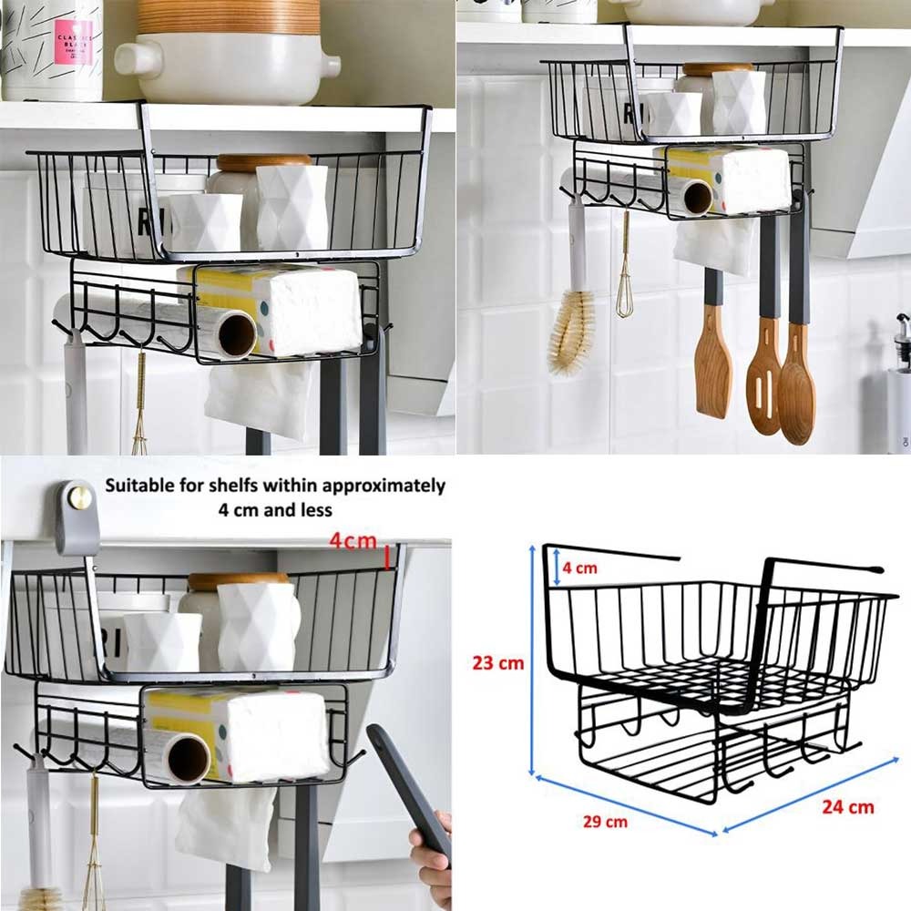 Hanging Kitchen Organizer Basket – Under Cabinet Storage Wire Rack With Dual Baskets And 8 Hooks, Multi-Functional Space Saver For Jars, Bottles, Utensils, And More