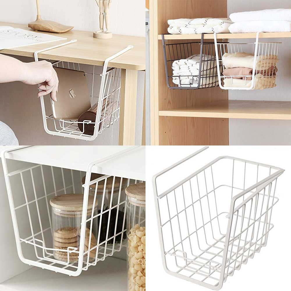 Hanging Shelf Basket, Under Shelf Basket, Slides Under Cabinet Storage Shelf Wire Baskets, Space Saving, Stable Hanging Basket, for Kitchen Counter Pantry Desk Bookshelf Cabinet