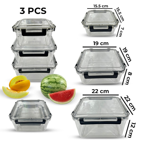 High Quality 3 Pieces Set Square Vacuum Food Storage Container For Vegetable ,Fruits,Food,Cake,Sweets