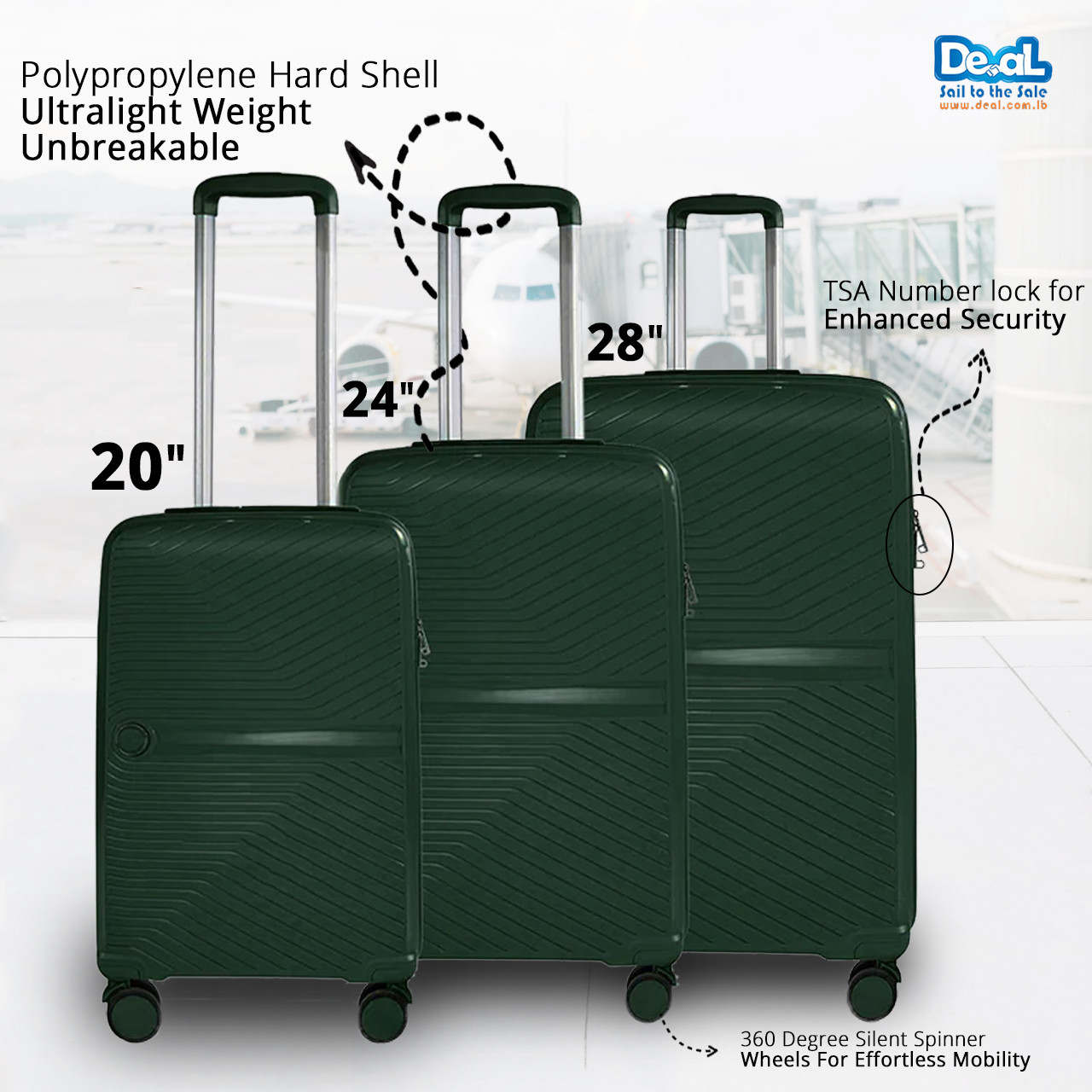 High Quality Dark Green Color Luggage Set of 3pcs 20inch 24inch 28inch