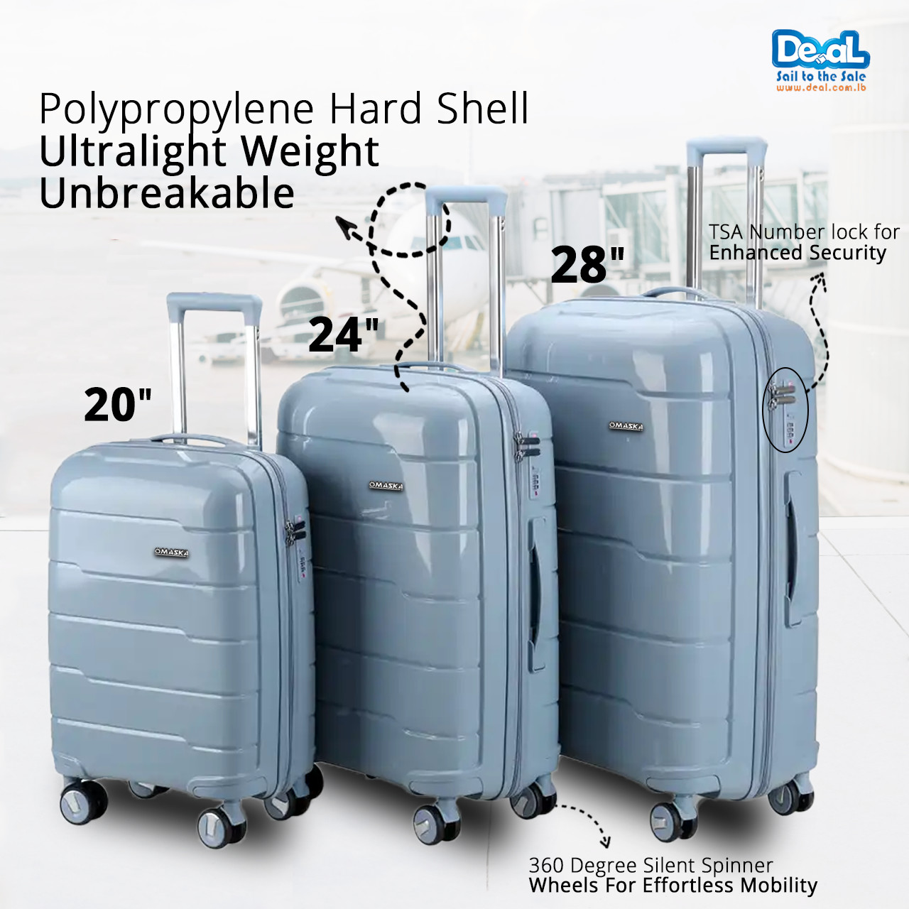 High Quality Grey Blue Color Luggage Set of 3pcs 20inch 24inch 28inch
