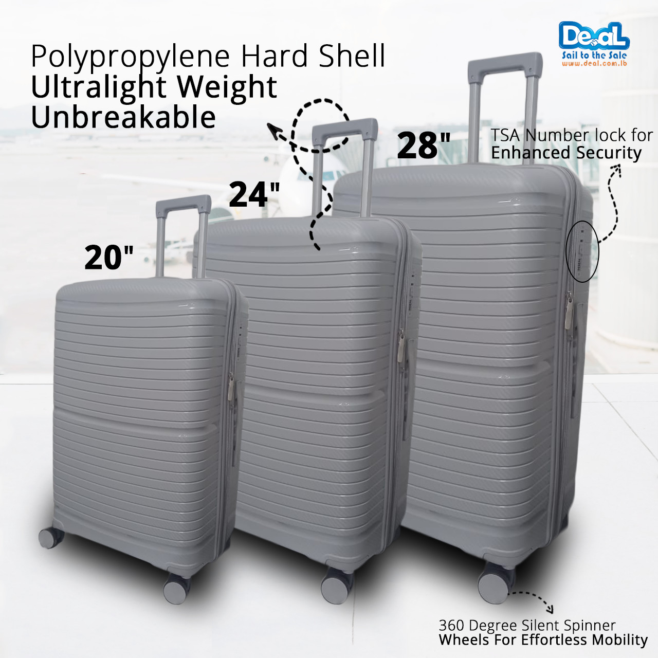 High Quality Grey Color Luggage Set of 3pcs 20inch 24inch 28inch