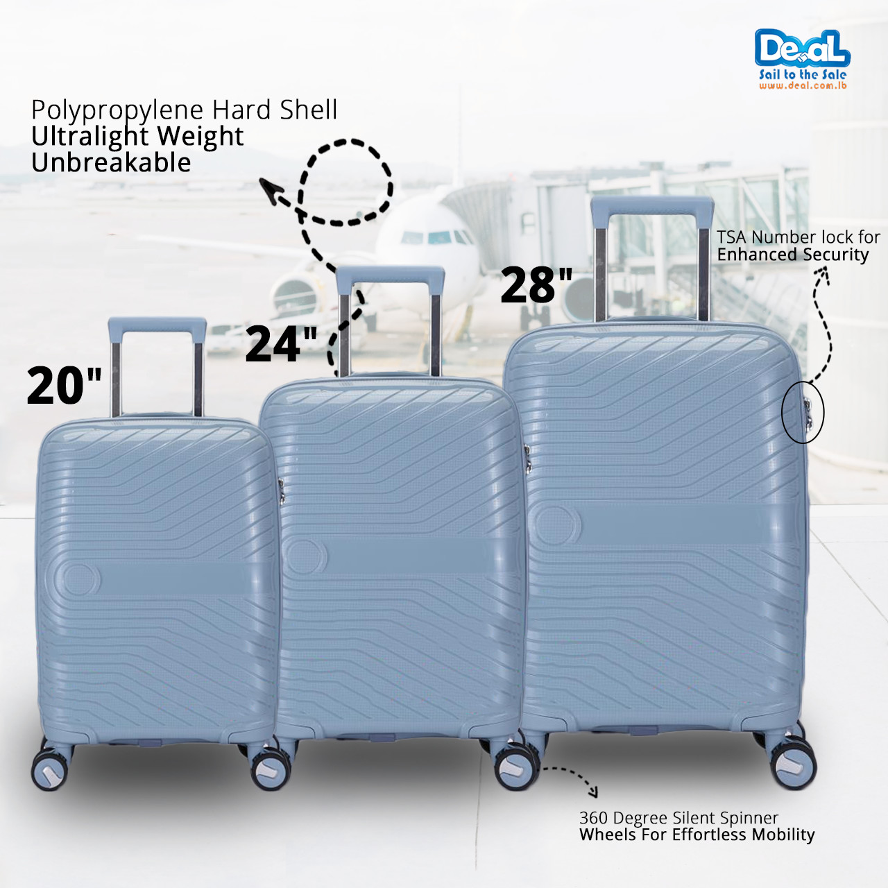 High Quality Grey Blue Color Luggage Set of 3pcs 20inch 24inch 28inch