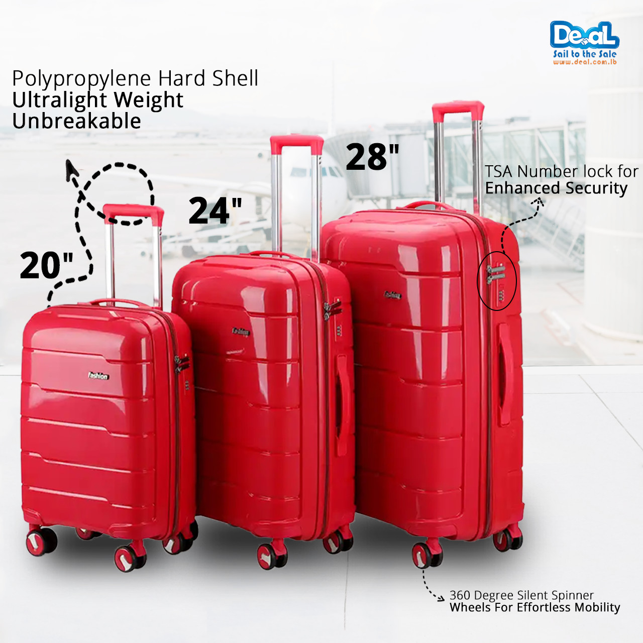High Quality Red Color Fashion Luggage Set of 3pcs 20inch 24inch 28inch